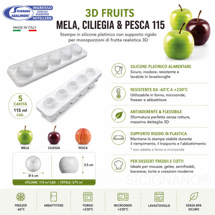 Silikomart Stampo Silicone Mela, Ciliegia & Pesca 115 Frutta Realistica 3D – 5 Monoporzioni Professionali Silikomart