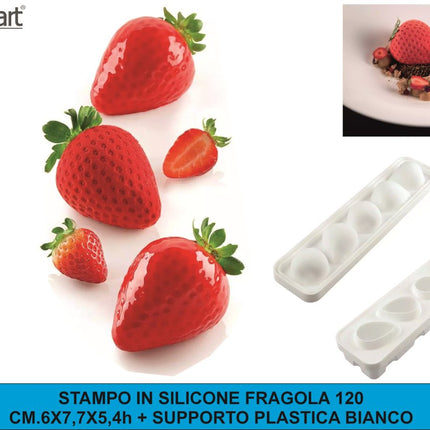 Silikomart Stampo in Silicone Fragola 120 – 5 Monoporzioni 3D da 120 ml con Supporto in Plastica Bianco, 6x7,7x5,4 cm, Made in Italy Silikomart
