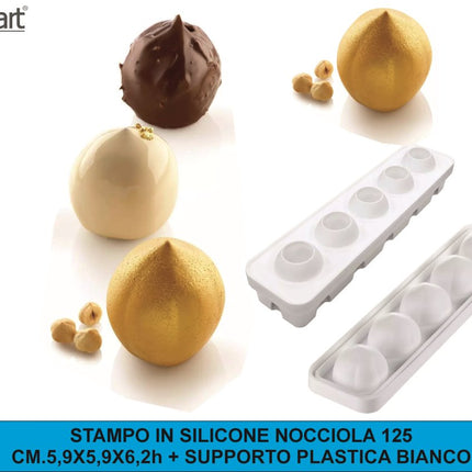 Silikomart Stampo in Silicone Nocciola 125 – 5 Monoporzioni 3D da 125 ml con Supporto in Plastica Bianco, 5,9x5,9x6,2 cm, Made in Italy Silikomart
