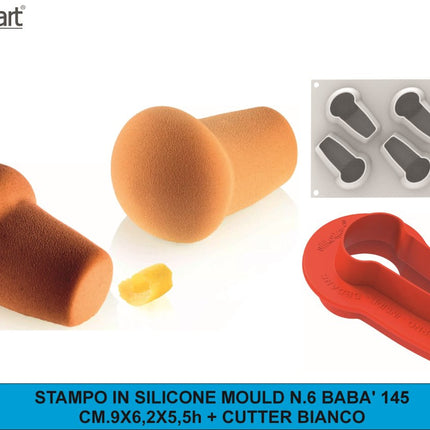 Silikomart Stampo Silicone Babà 145 – 6 Monoporzioni con Cutter per Alta Pasticceria Silikomart