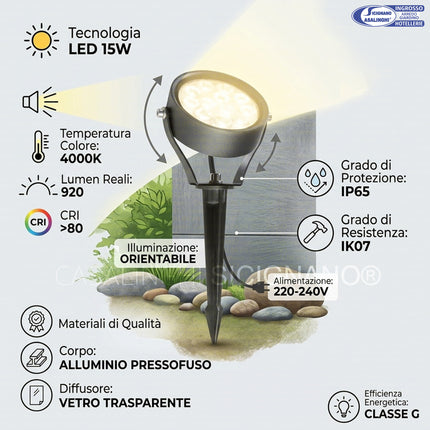 Ciak Faretto con Picchetto LED 15W, Grafite, Alluminio Pressofuso, 25°, IP65, 4000K, per Esterno 6 Sovil