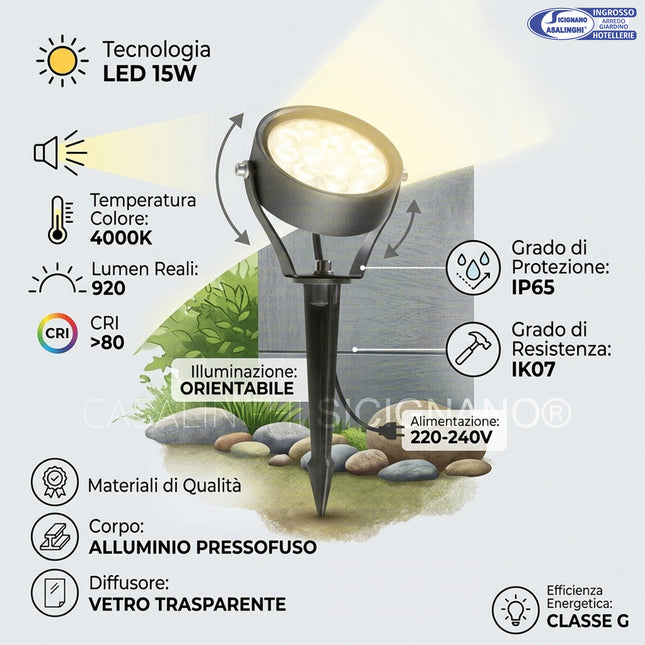 Ciak Faretto con Picchetto LED 15W, Grafite, Alluminio Pressofuso, 25°, IP65, 4000K, per Esterno 6 Sovil