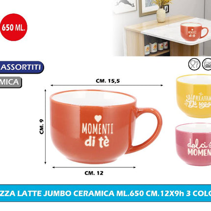 Tazza Latte Jumbo Ceramica Ml.650 Cm.12X9H 3 Colori Star
