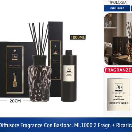 Diffusore Ambiente AD Trend Vetro con Bastoncini Profumatore Ricarica 500ml 1000ml 1000 ml AD Trend