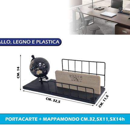 AD TREND Portacarte con Mappamondo da Scrivania | Organizzatore Documenti in Metallo, Legno e Plastica | Organizer Ufficio e Casa Dimensioni 32,5x11,5x14h cm