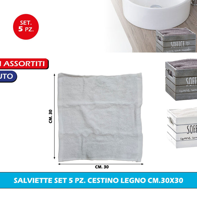 Salviette Set 5 Pz. Cestino Legno Cm.30X31 Star