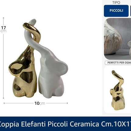 Coppia Elefanti Piccoli in Ceramica Bianco e Oro | Statue Decorative per Interni ed Elementi d'Arredo Moderni | Dimensioni Complessive 10x17 cm Tutto Tutto Meno Meno®