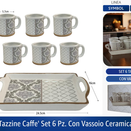 Tazzine Caffe' Set 6 Pz. Con Vassoio Ceramica Cm.22x7