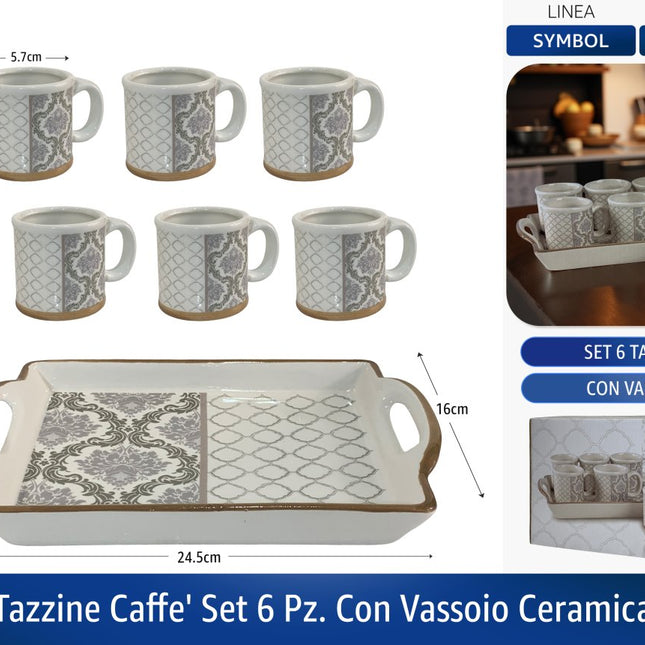 Tazzine Caffe' Set 6 Pz. Con Vassoio Ceramica Cm.22x7