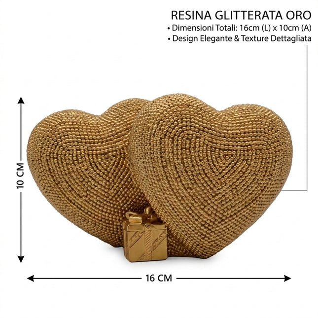 Cuore Doppio Resina Oro 16x10cm Statuina Soprammobile San Valentino Matrimonio Sud Import