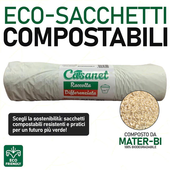 Casanet Sacchetti Immondizia 90X120Cm Bio Compost 140Lt Mater-Bi Per Rifiuti Organici