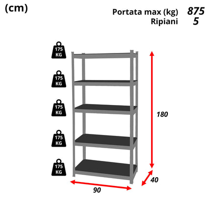 Scaffale Metallo Libreria Scaffali Metallici 5 Ripiani Legno Mdf 90X40X180H Cm