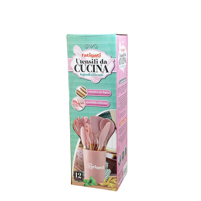 Set 12 Utensili Cucina in Silicone e Legno Naturale – Antiaderenti, Non Graffiano, Resistenti − 40 ° / + 230 ° C −40°/+230°C, BPA Free – Con Contenitore Fatigati
