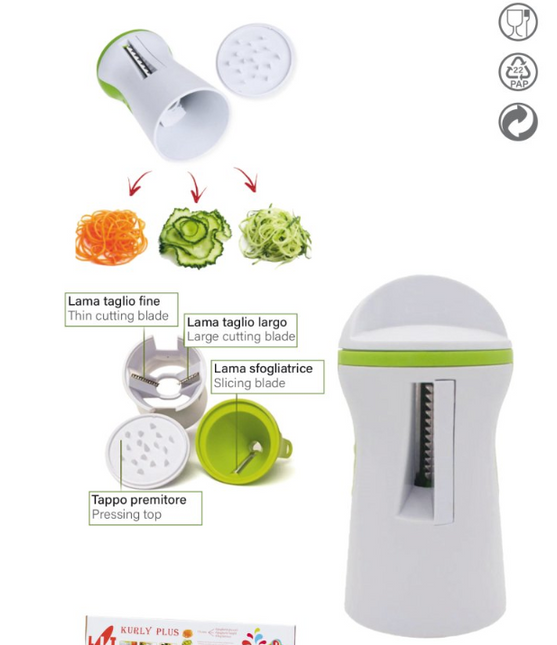 Kurly Plus Temperaverdure Smontabile con Tappo Premitore e 3 Formati – Spirali Sottili, Spirali Larghe e Sfoglie Lit Gas