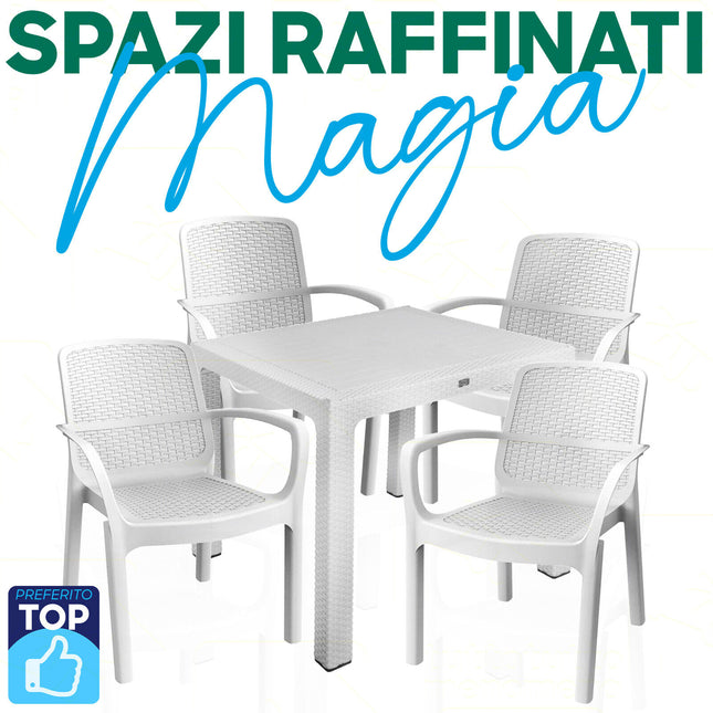 Sicignano Set Tavolo Polyrattan 90X90 Cm + Sedie Numana Bianche