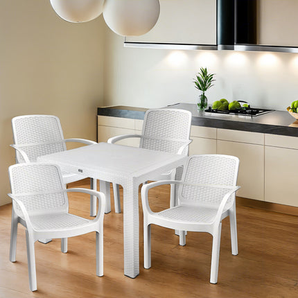 Sicignano Set Tavolo Polyrattan 90X90 Cm + Sedie Numana Bianche