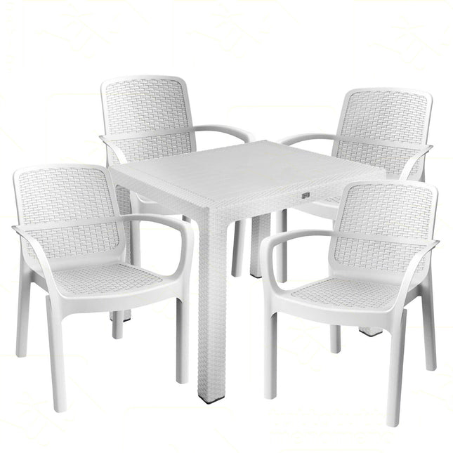 Sicignano Set Tavolo Polyrattan 90X90 Cm + Sedie Numana Bianche