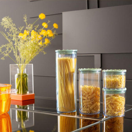 Set Barattoli Alimenti Plastica Riciclata Coperchi Colorati Chiusura Ermetica