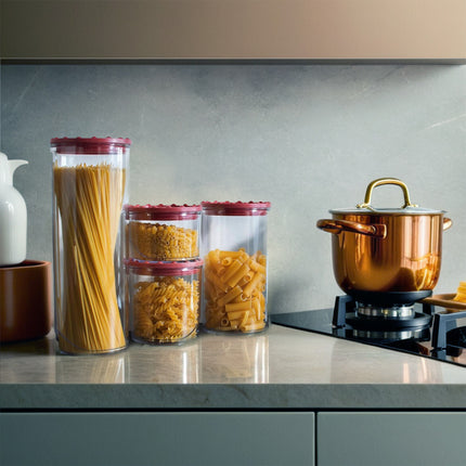 Set Barattoli Alimenti Plastica Riciclata Coperchi Colorati Chiusura Ermetica