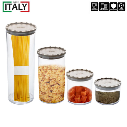 Set Barattoli Alimenti Plastica Riciclata Coperchi Colorati Chiusura Ermetica