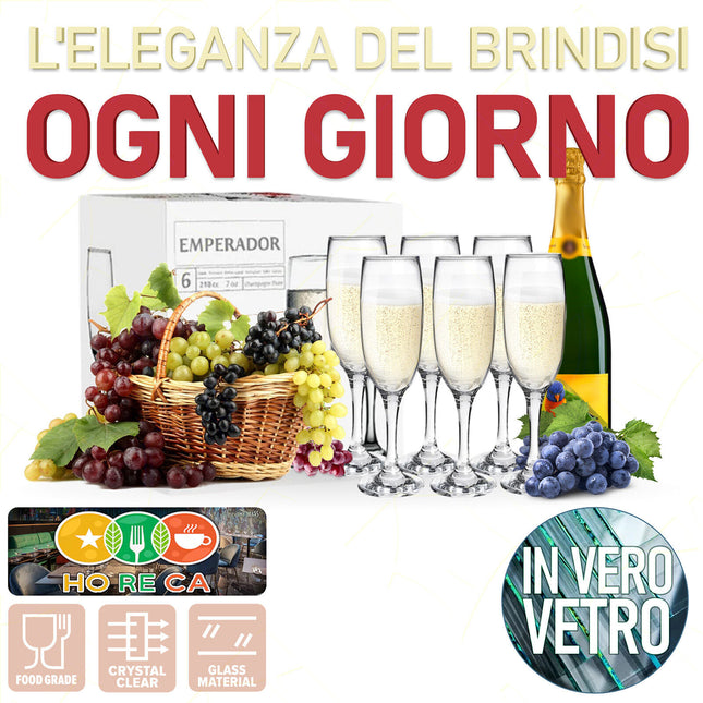 Cegeco & Alar Set Calici Flute Emperador 21,5 Cl Vetro Per Lavastoviglie Bar Ristorante Horeca