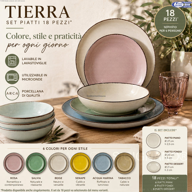 Set Piatti Tierra in Porcellana Colorata – Servizio da Tavola 18 Pezzi per 6 Persone, Lavabile in Lavastoviglie e Utilizzabile in Microonde Arca
