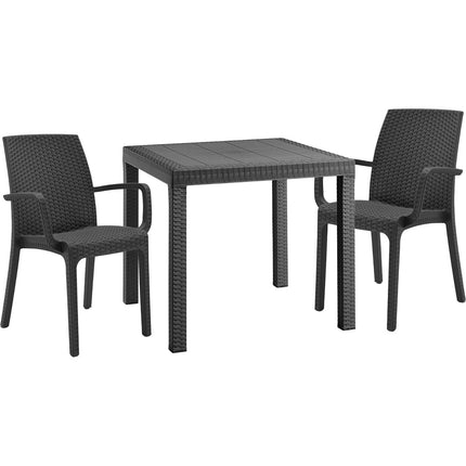 Bica Set Completo Tavolo Dallas 80×80 Cm + 4 Poltrone Indiana Polipropilene Rattan Per Interni Esterni Antracite/Bianco/Marrone 2 Poltrone 1 Tavolo Bica