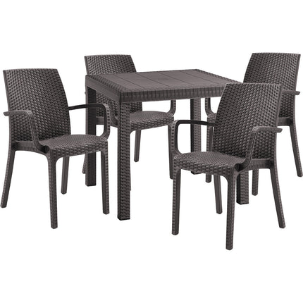 Bica Set Completo Tavolo Dallas 80×80 Cm + 4 Poltrone Indiana Polipropilene Rattan Per Interni Esterni Antracite/Bianco/Marrone Bica