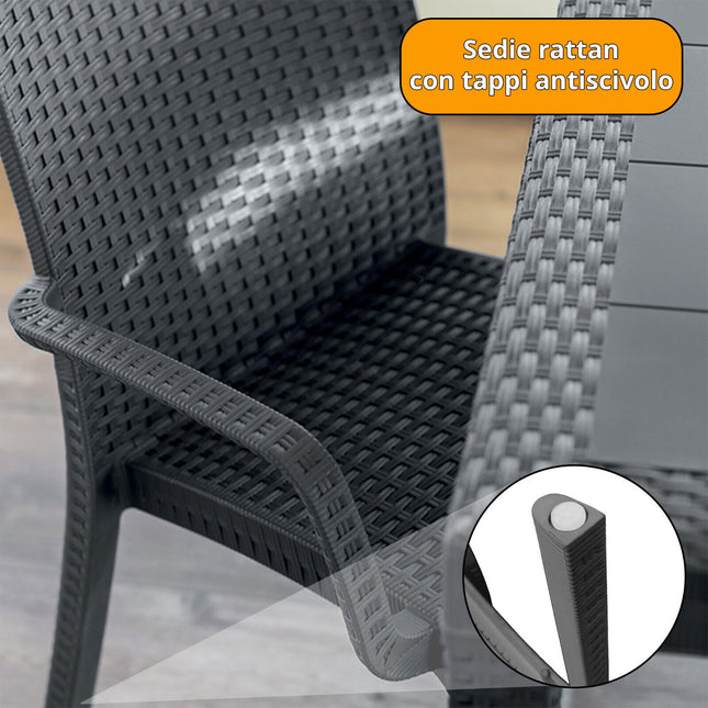 Bica Set Completo Tavolo Dallas 80×80 Cm + 4 Poltrone Indiana Polipropilene Rattan Per Interni Esterni Antracite/Bianco/Marrone Bica