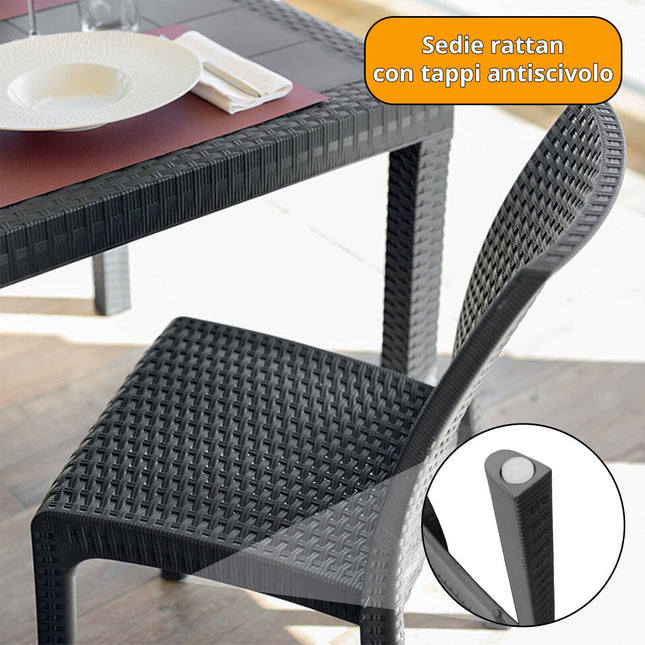 Bica Set Completo Tavolo Dallas 80×80 Cm + 4 Sedie Virginia Polipropilene Rattan Per Interni Esterni Antracite/Bianco/Marrone
