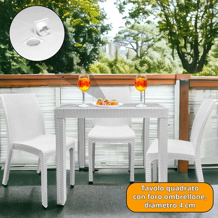 Bica Set Completo Tavolo Dallas 80×80 Cm + 4 Sedie Virginia Polipropilene Rattan Per Interni Esterni Antracite/Bianco/Marrone