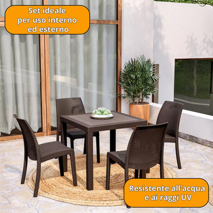 Bica Set Completo Tavolo Dallas 80×80 Cm + 4 Sedie Virginia Polipropilene Rattan Per Interni Esterni Antracite/Bianco/Marrone