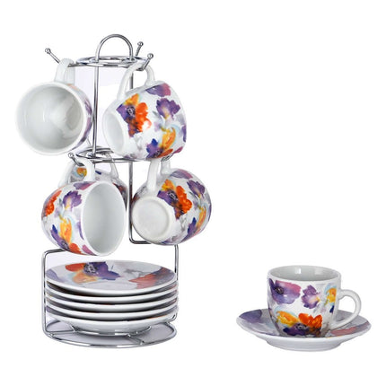 Set 6 Tazzine da Caffè in Ceramica con Piattini e Supporto in Metallo - Fantasia Floreale Malaga Borella Casalinghi srl