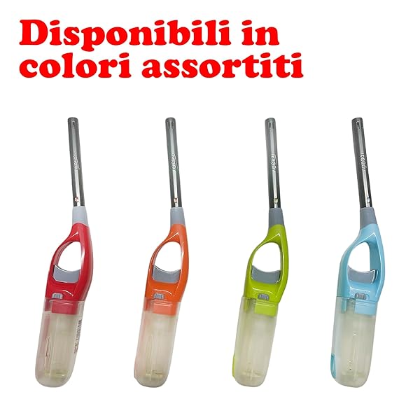 Polyflame Accendigas a Fiamma Ricaricabile – Canna Lunga cm 22, Fondo Trasparente, Colori Assortiti – Per Fornelli, Barbecue, Candele Polyflame