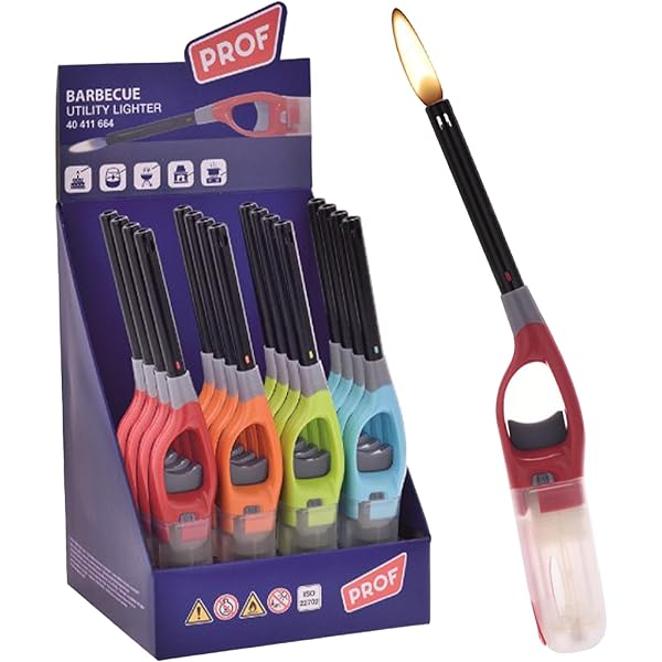 Polyflame Accendigas a Fiamma Ricaricabile – Canna Lunga cm 22, Fondo Trasparente, Colori Assortiti – Per Fornelli, Barbecue, Candele 16 pezzi Polyflame