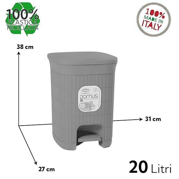 Pattumiera Domus 20Lt con Pedale Plastica Riciclata Coperchio Moderno Mocha Stefanplast