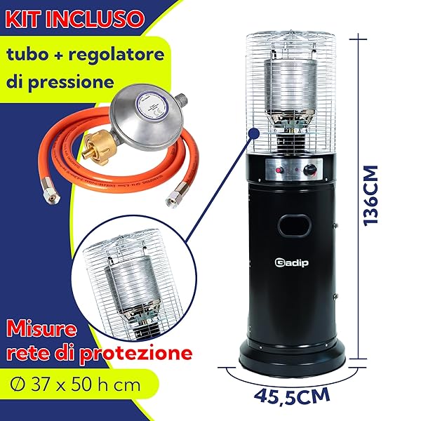 AGV Stufa a Gas da Esterno 13kW con Ruote – Funzionamento GPL, Acciaio con Vano Portabombola 15kg, Sicurezza Antiribaltamento e Spegnimento Automatico, Completa di Tubo e Regolatore, H136 cm AGV