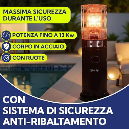 AGV Stufa a Gas da Esterno 13kW con Ruote – Funzionamento GPL, Acciaio con Vano Portabombola 15kg, Sicurezza Antiribaltamento e Spegnimento Automatico, Completa di Tubo e Regolatore, H136 cm AGV