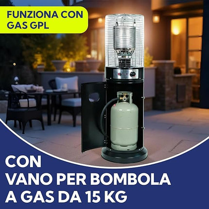 AGV Stufa a Gas da Esterno 13kW con Ruote – Funzionamento GPL, Acciaio con Vano Portabombola 15kg, Sicurezza Antiribaltamento e Spegnimento Automatico, Completa di Tubo e Regolatore, H136 cm AGV