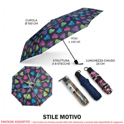 Ombrello Pieghevole Supermini Compatto Leggero 199g - Uomo Donna - Antipioggia da Viaggio e Borsa Diametro 100cm 8 Stecche con Fodera - Vari Modelli