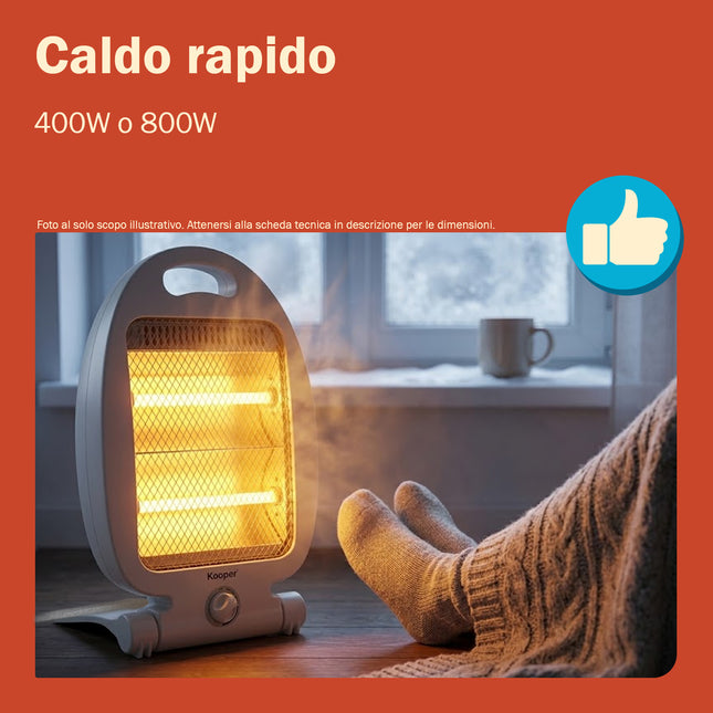 Stufetta al Quarzo 2 Elementi 400/800W Kooper con Base Richiudibile e Maniglia di Trasporto Kooper