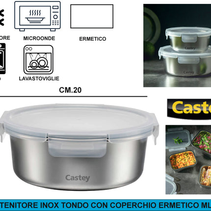 Contenitore Ermetico in Acciaio Inox 304 | Dal Freezer al Forno (-40°C a +400°C) | Meal Prep per Microonde Tondo 1500 Castey