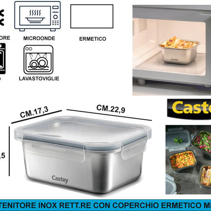Contenitore Ermetico in Acciaio Inox 304 | Dal Freezer al Forno (-40°C a +400°C) | Meal Prep per Microonde Rettangolare 1780 Castey