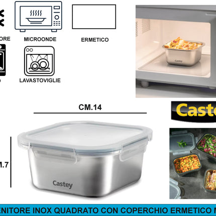 Contenitore Ermetico in Acciaio Inox 304 | Dal Freezer al Forno (-40°C a +400°C) | Meal Prep per Microonde Quadrato 600 Castey