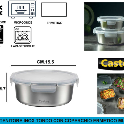 Contenitore Ermetico in Acciaio Inox 304 | Dal Freezer al Forno (-40°C a +400°C) | Meal Prep per Microonde Castey