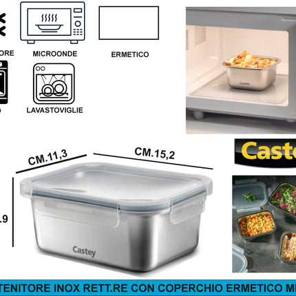 Contenitore Ermetico in Acciaio Inox 304 | Dal Freezer al Forno (-40°C a +400°C) | Meal Prep per Microonde Rettangolare 750 Castey