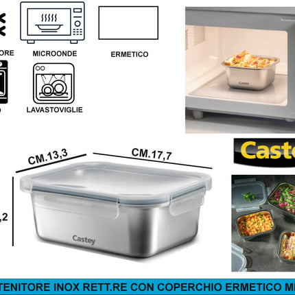 Contenitore Ermetico in Acciaio Inox 304 | Dal Freezer al Forno (-40°C a +400°C) | Meal Prep per Microonde Rettangolare 800 Castey