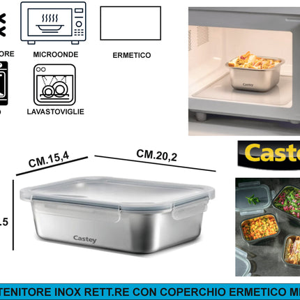 Contenitore Ermetico in Acciaio Inox 304 | Dal Freezer al Forno (-40°C a +400°C) | Meal Prep per Microonde Rettangolare 820 Castey