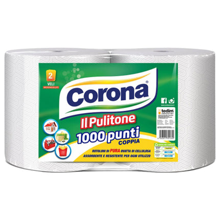 Set Coppia Rotoloni Corona Bianco il Pulitone 1000 Punti 2 Veli Resistente Made in Italy Corona