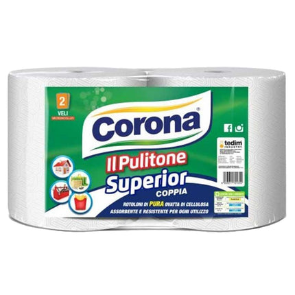 Rotolone Corona Asciugatutto Il Pulitone Superior Coppia – 2 Veli in Cellulosa, Confezione 2 Pezzi, Alta Assorbenza per Uso Domestico e Professionale Corona